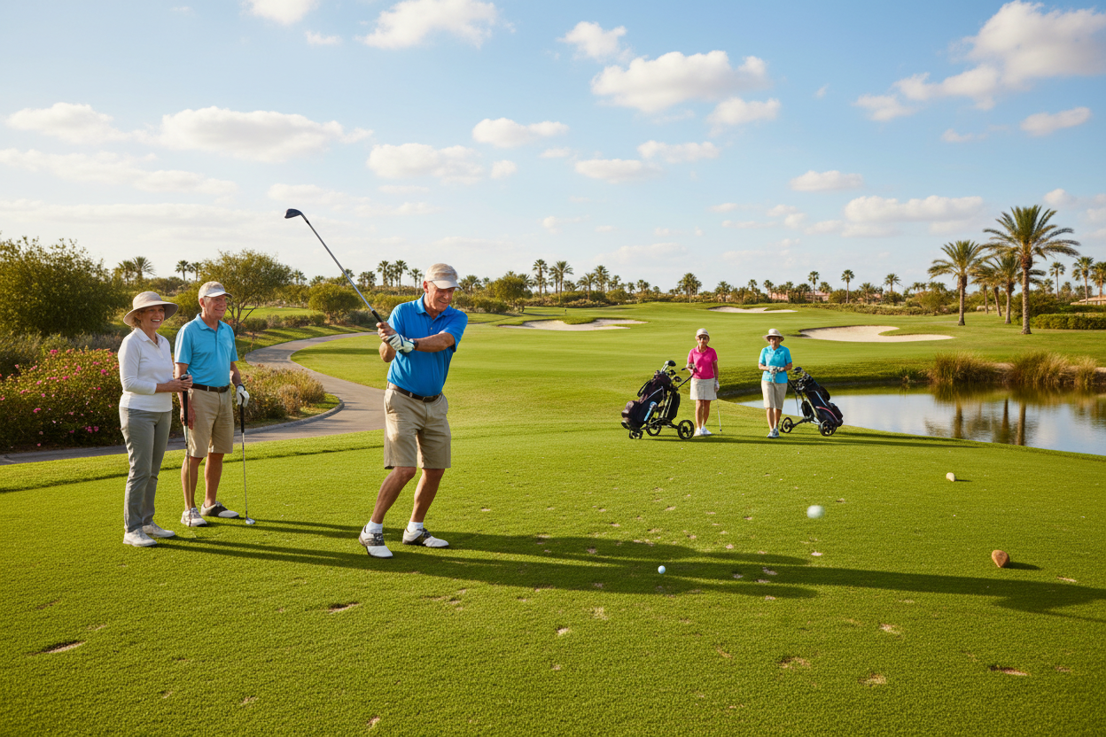Seniors playing golf free of joint pain