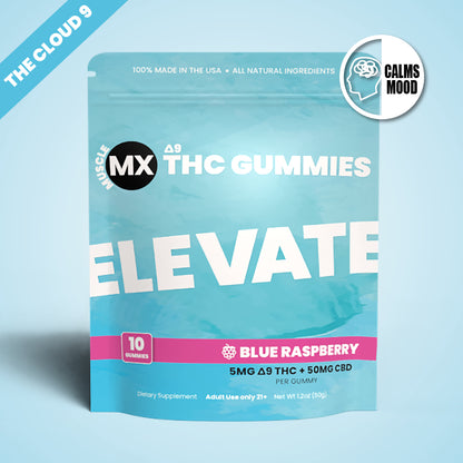A package of Elevate Delta 9 THC Gummies with blue raspberry flavor, 5mg strength, branded by Muscle MX.