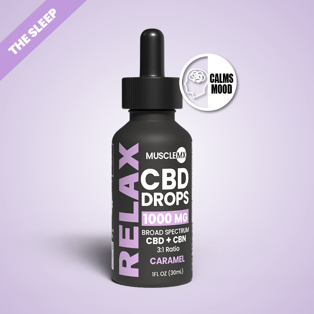 A bottle of MuscleMX Relax CBD Drops with a dropper, labeled 1000 mg Broad Spectrum CBD, flavor is caramel.