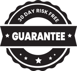 'Black badge displaying '30 Day Risk Free Guarantee' with stars.'